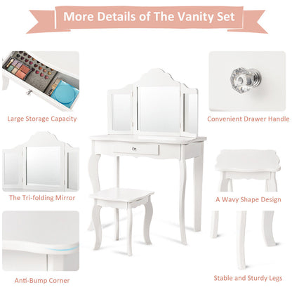 Kids Wooden Vanity Table and Stool Set with Detachable Top Folding Mirrors-White
