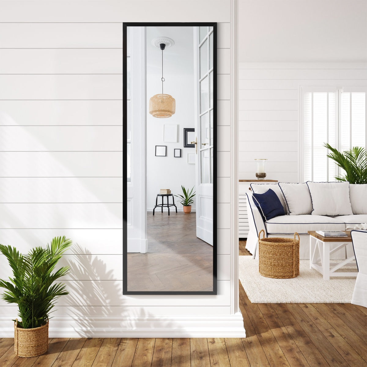 Full Length Wall-Mounted Mirror with Height Adjusting Hooks-Black