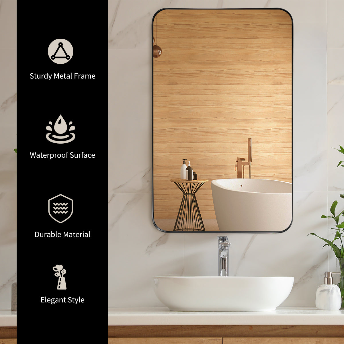 Bathroom Wall Mirror with Rounded Corner for Washroom-Black