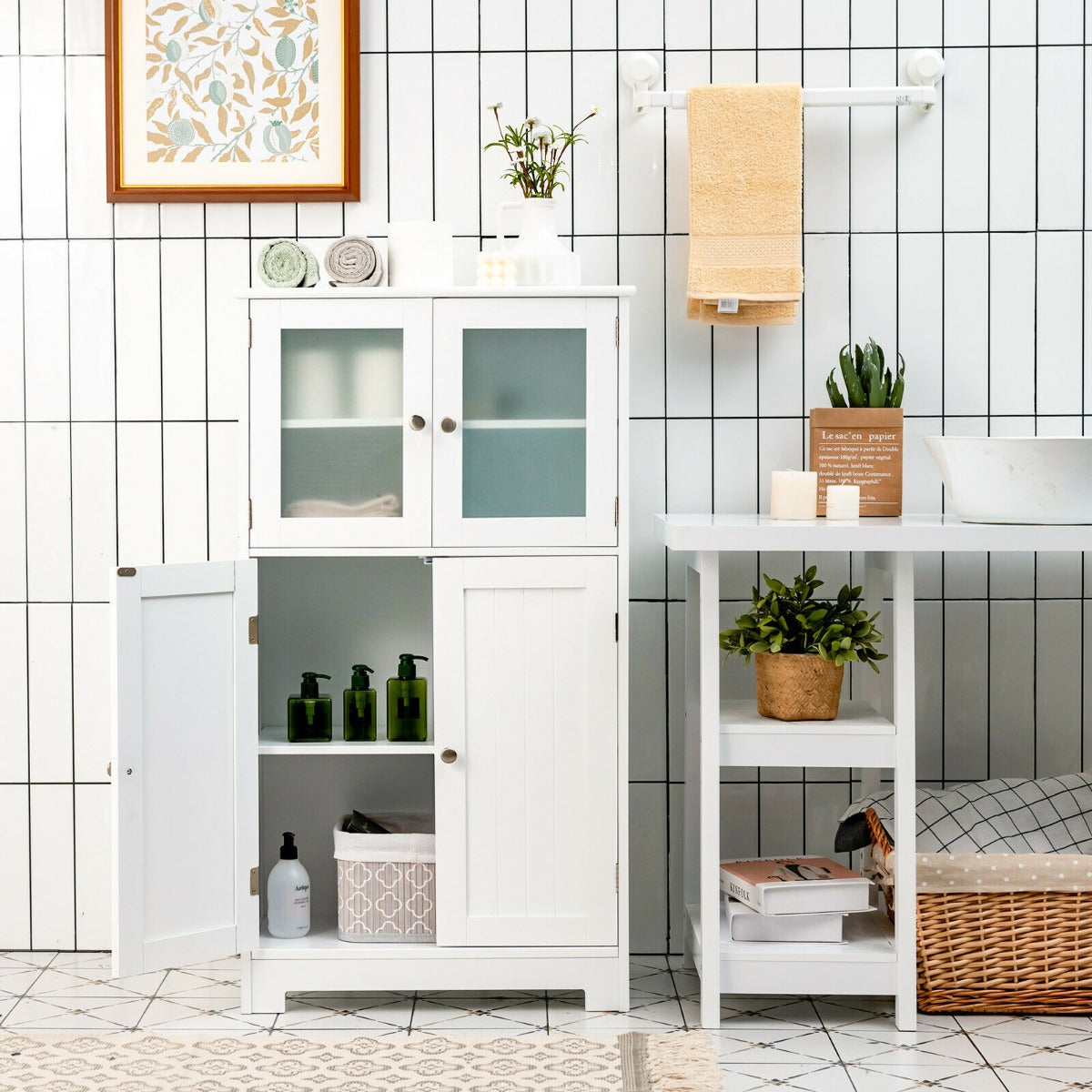4-Door Bathroom Floor Cabinet with Tempered Glass Doors