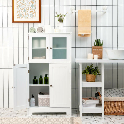 4-Door Bathroom Floor Cabinet with Tempered Glass Doors