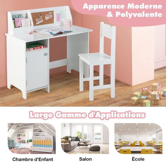 Kids Desk with Chair Whiteboard Marker Cabinet and Noticeboard, Student Table and Chair Set for 3+ Years White