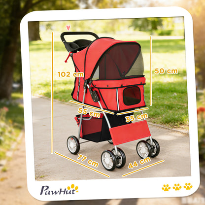 PawHut Dog Pram, Pet Stroller with Reflective Strips, Foldable Cat Stroller with 360Â° Swivel Wheels, Red