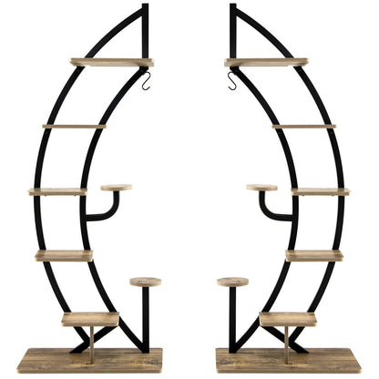 8-Tier Tall Wooden Curved Half-Moo Shape Plant Stand with Top Hook-Natural