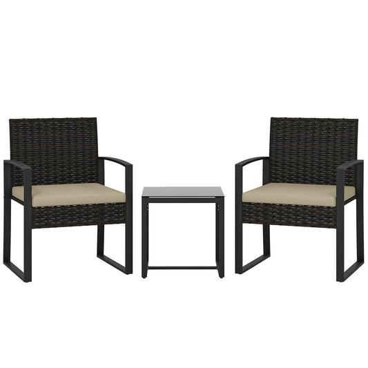 Outsunny Rattan Bistro Set, 3 Piece Garden Furniture Set with Glass Top Table and Cushions, Khaki