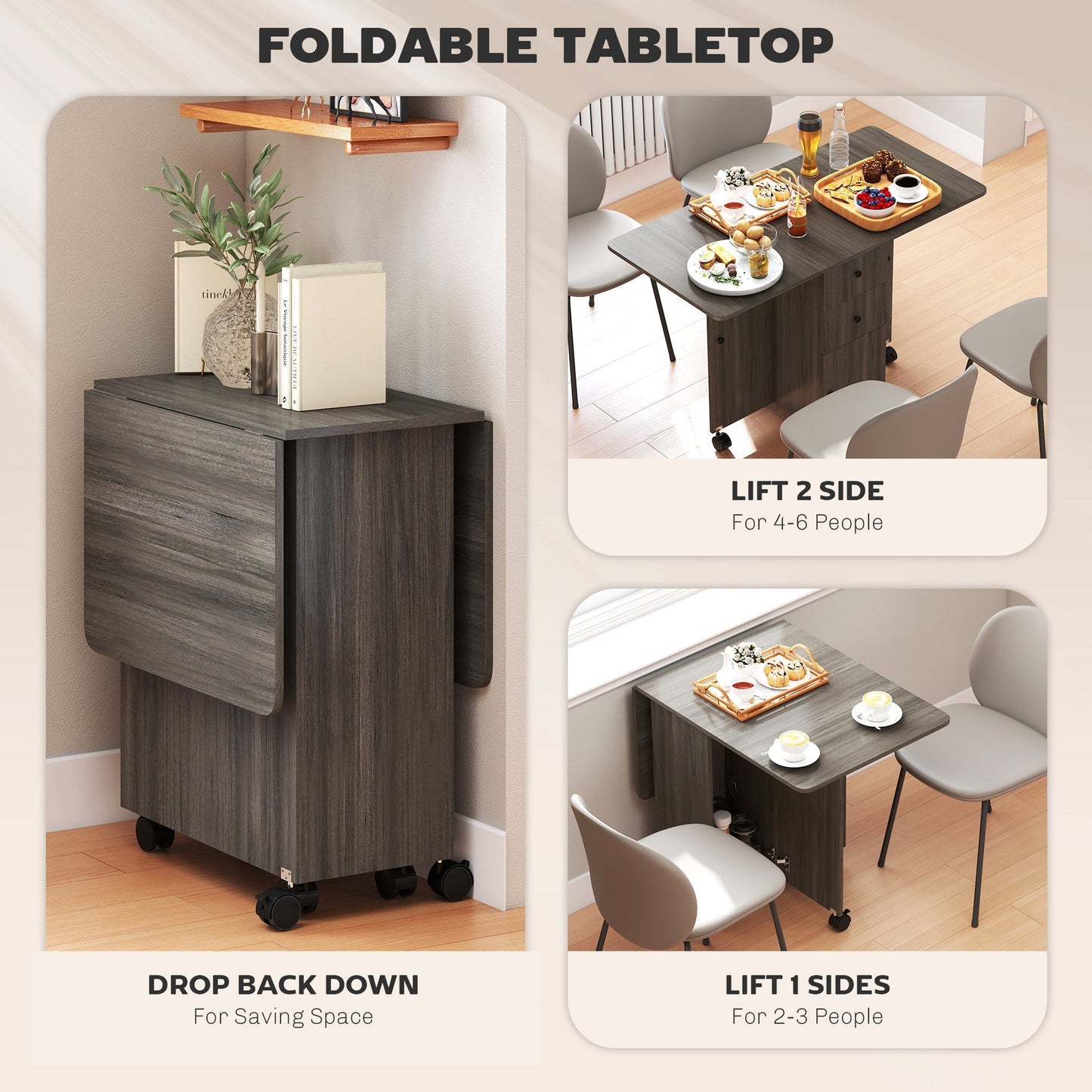 HOMCOM Multi-Storage Six-Person Drop Leaf Dining Table - Grey