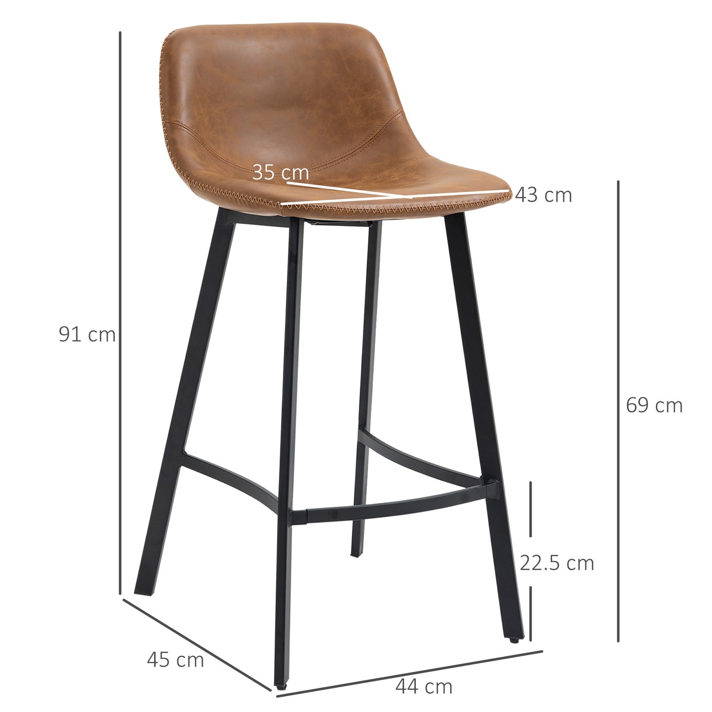 HOMCOM Bar Stools Set of 2, PU Leather Dining Stools with Backrest, Footrest, for Kitchen, Counter, Breakfast Bar, Brown