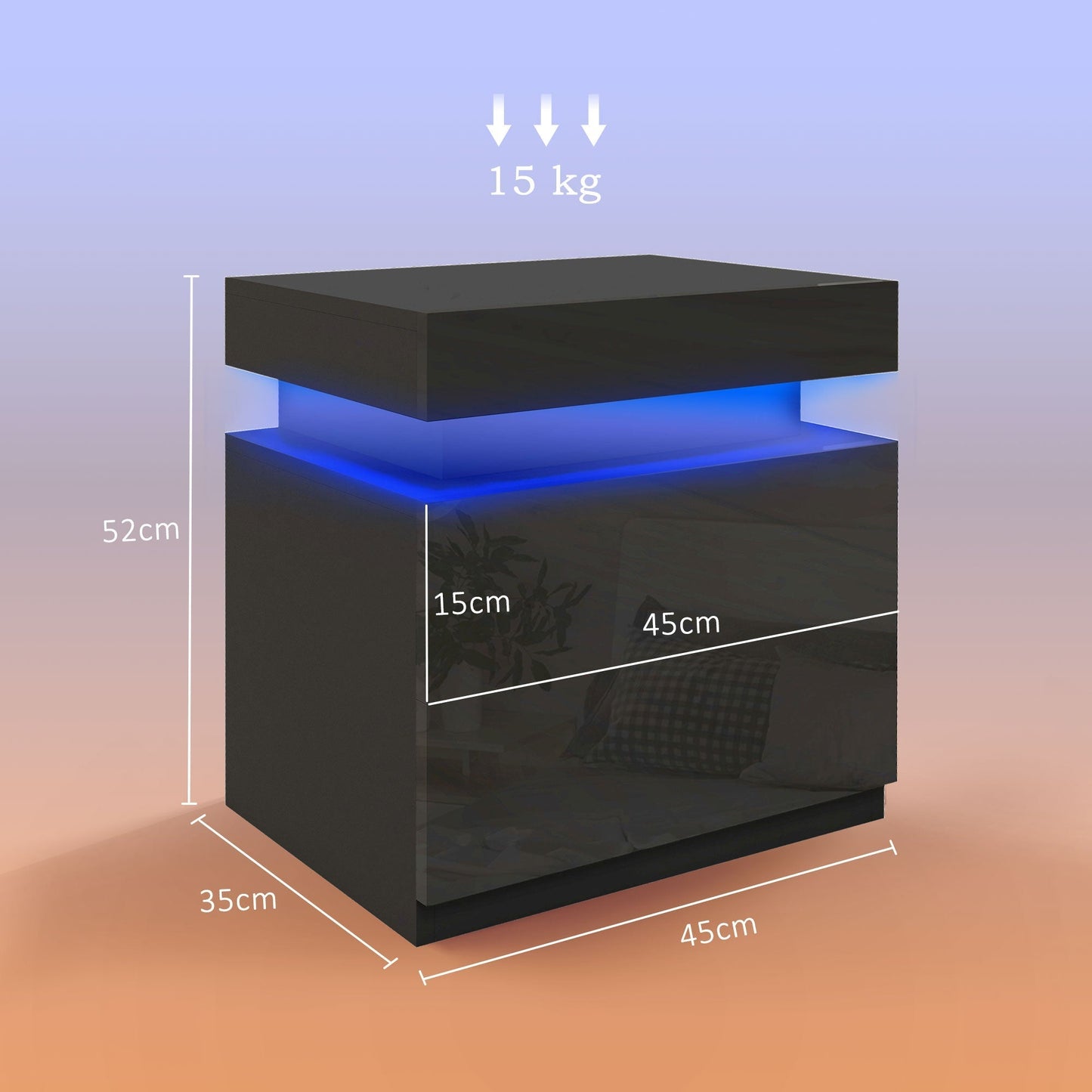 HOMCOM Black Bedside Table with LED Light, High Gloss Front Nightstand with 2 Drawers, for Living Room, Bedroom
