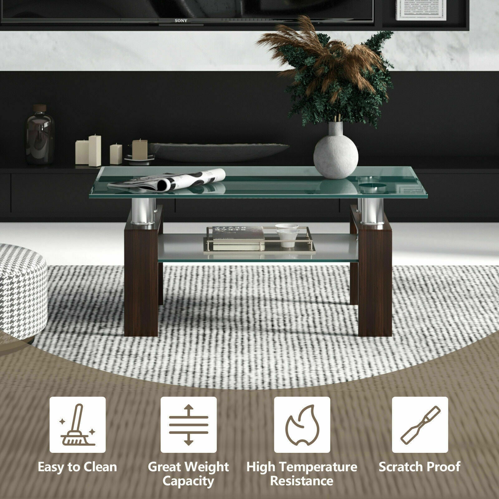 Modern Glass Coffee Tea Table with Open Shelf-Coffee