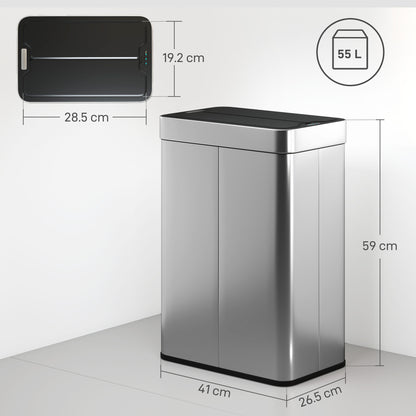 HOMCOM 55L Sensor Bin, Large Automatic Touchless Rubbish Bin with Soft-Close Lid, Silver Tone