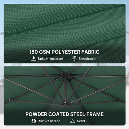 Outsunny 3 m Overhanging Cantilever Parasol, with Cross Base - Dark Green