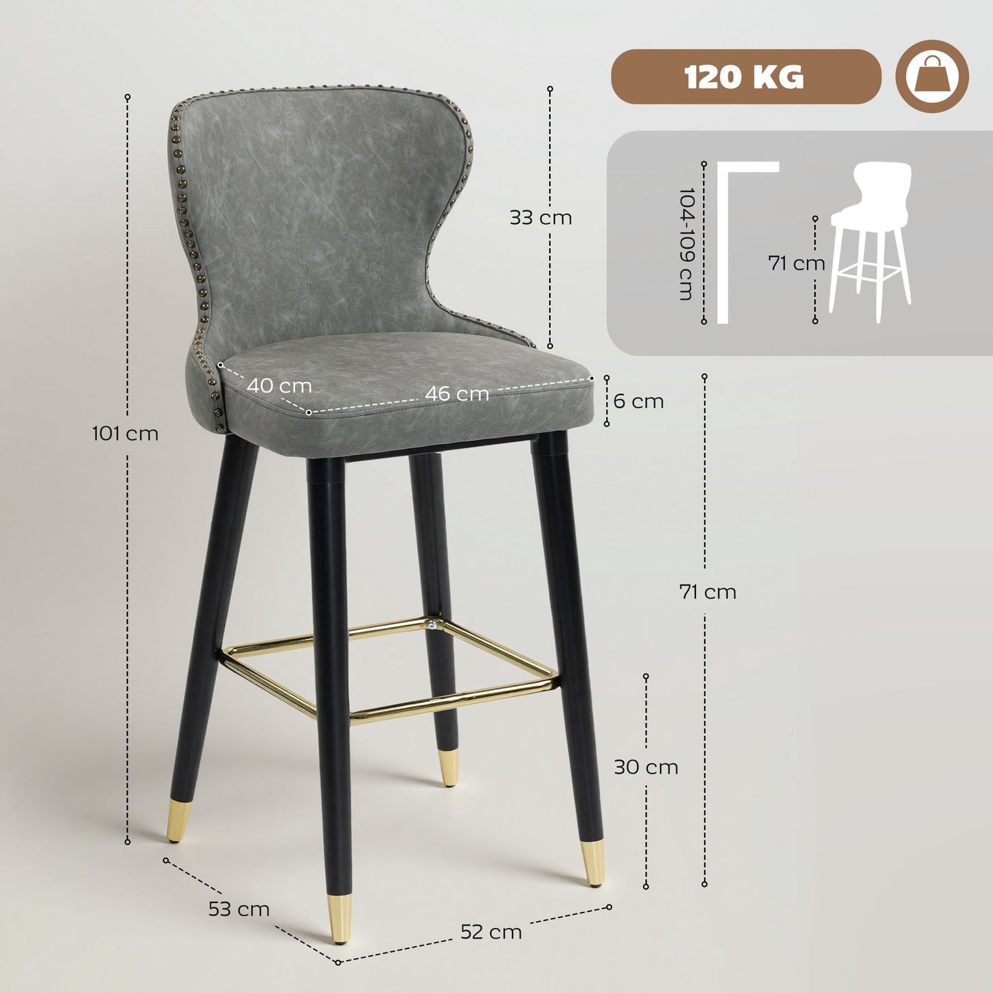 HOMCOM Bar Stools Set of 2, PU Leather Barstools with Back, Footrest and Wood Legs for Kitchen, Counter, Breakfast Bar, Grey