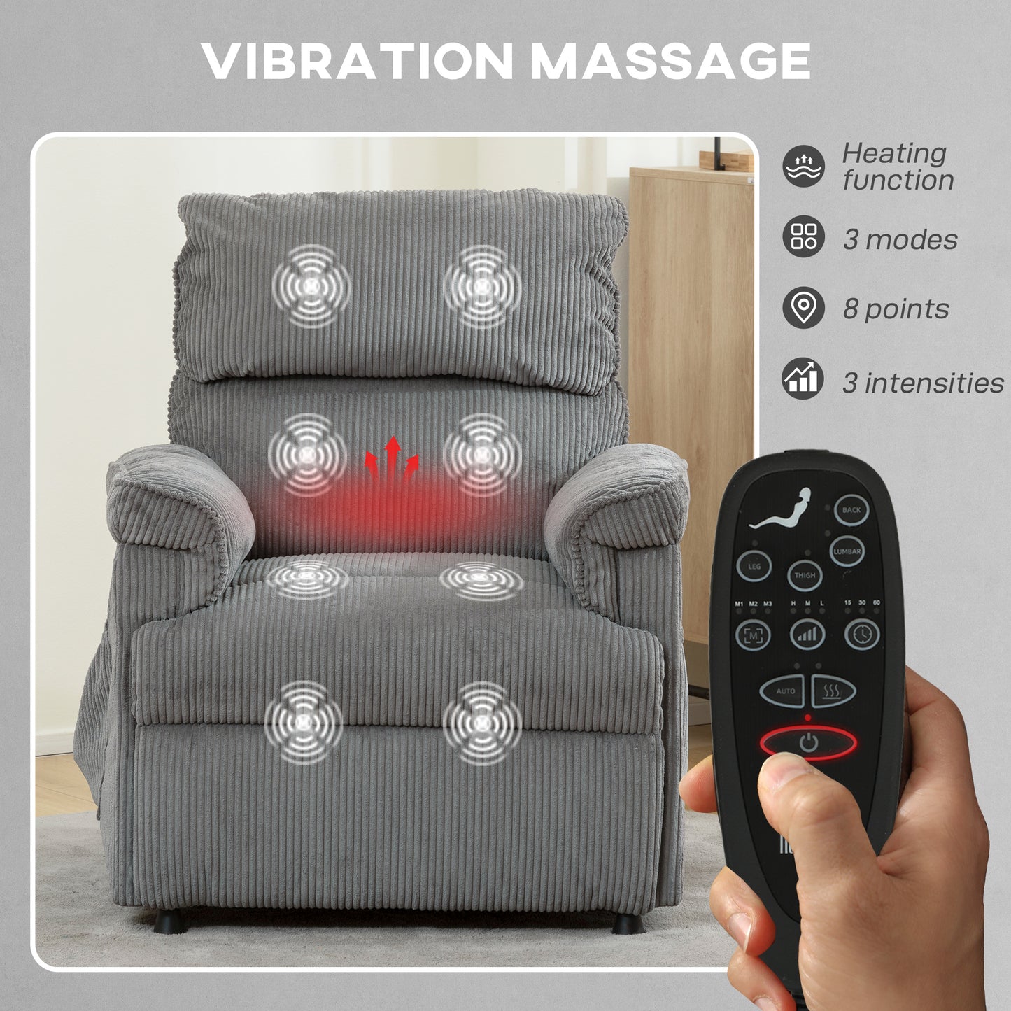 HOMCOM Corduroy Electric Massage Recliner - Grey
