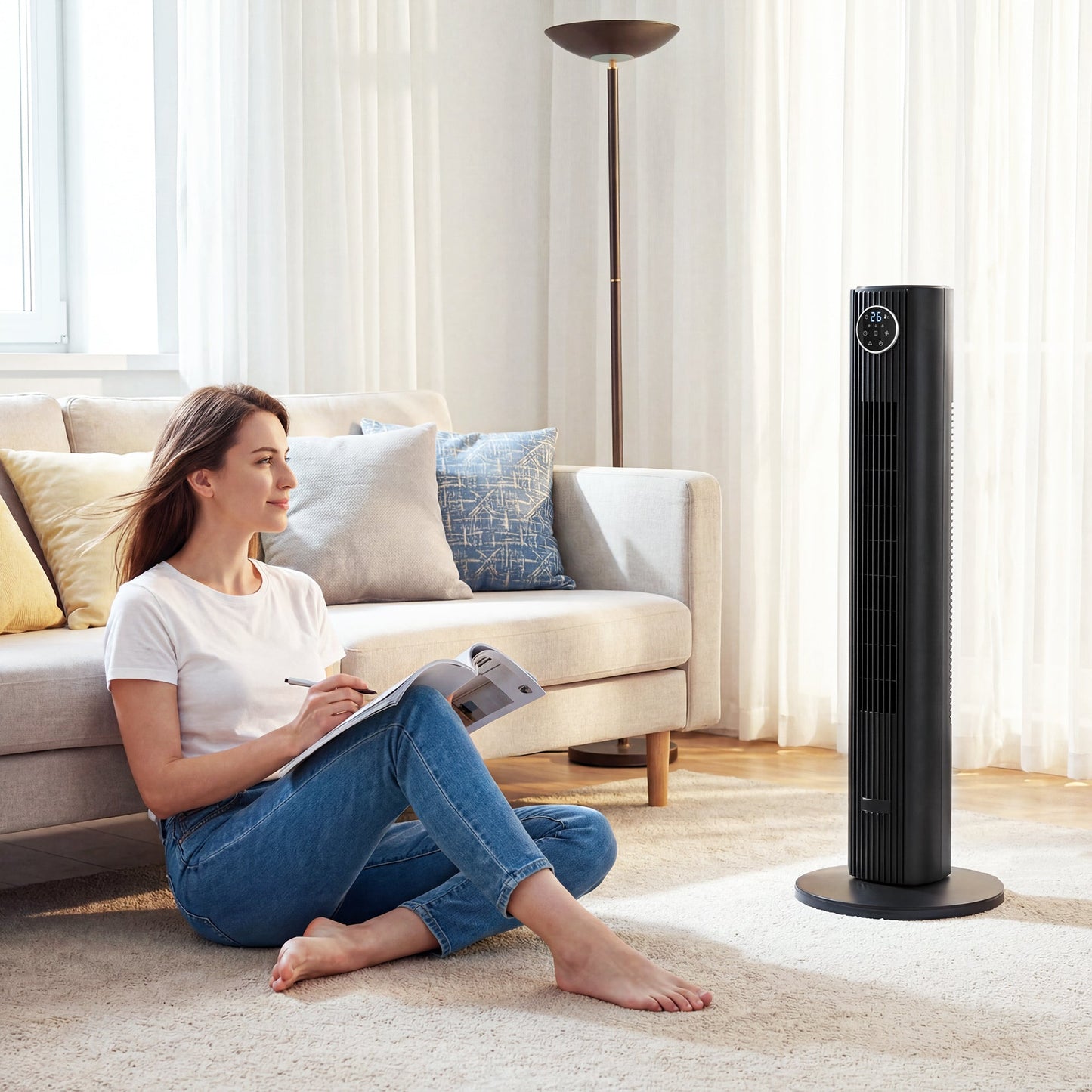 HOMCOM 28dB Tower Fan for Bedroom, 26 ft/s Velocity Standing Cooling Fan with 80Â° Oscillating, 12 Speeds, LED Display, 4 Modes, 12H Timer, Remote Control, 36 inch, Black