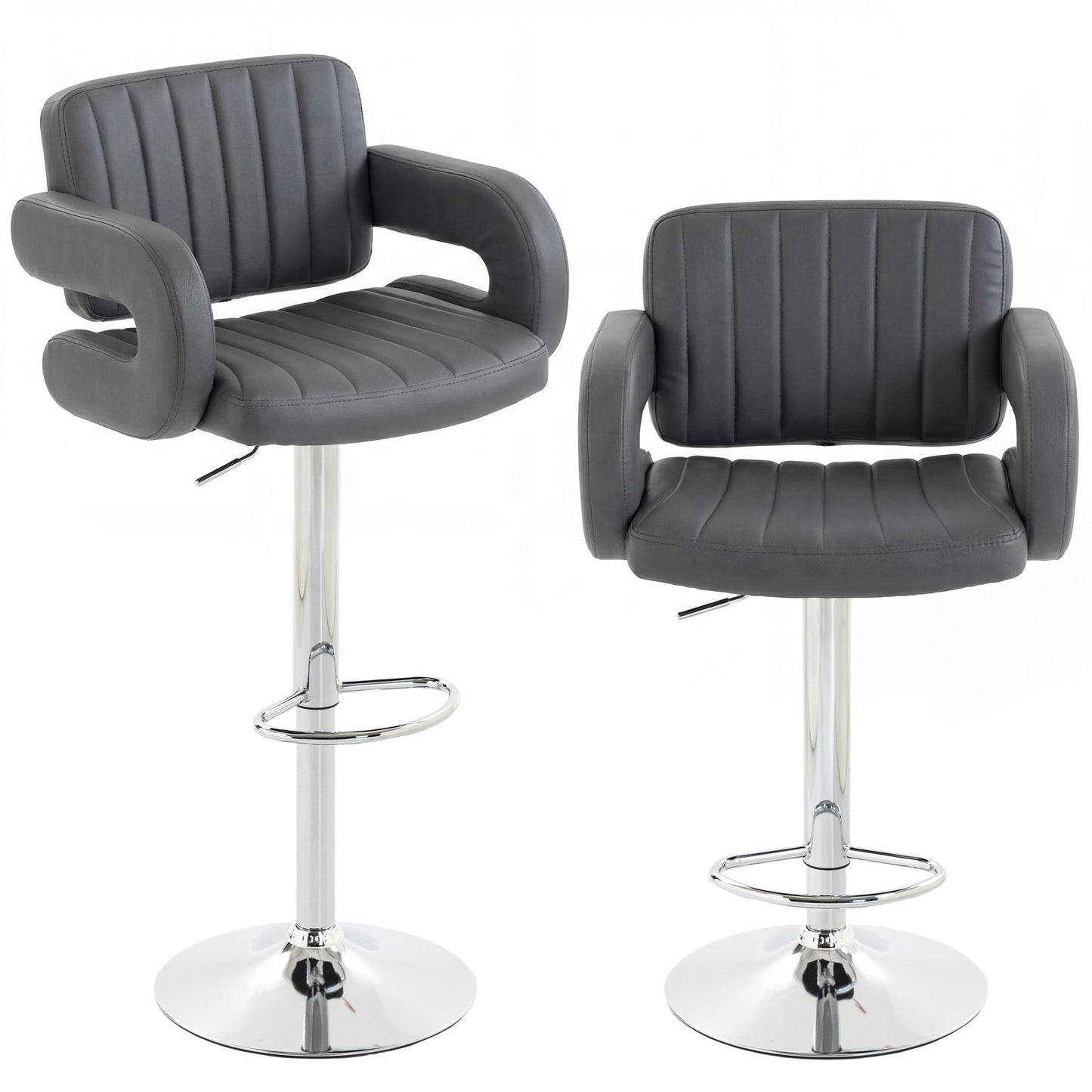 HOMCOM Bar Stools Adjustable Swivel Kitchen Chairs with Backrest Armrest Set of 2 PU Leather Grey