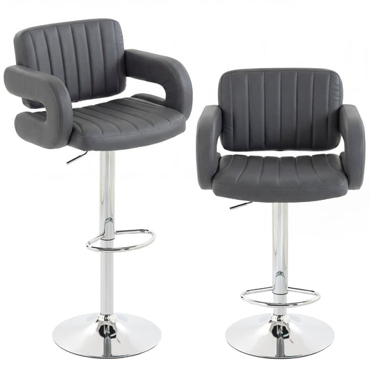 HOMCOM Bar Stools Adjustable Swivel Kitchen Chairs with Backrest Armrest Set of 2 PU Leather Grey