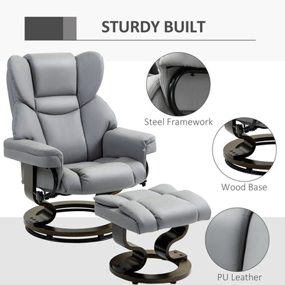 HOMCOM 360Â° Swivel Recliner Chair with Footstool, PU Leather Manual Recliner Armchair with Footstool, Solid Wood Base, Upholstered Reclining Chair for Living Room, Bedroom, Office, Light Grey