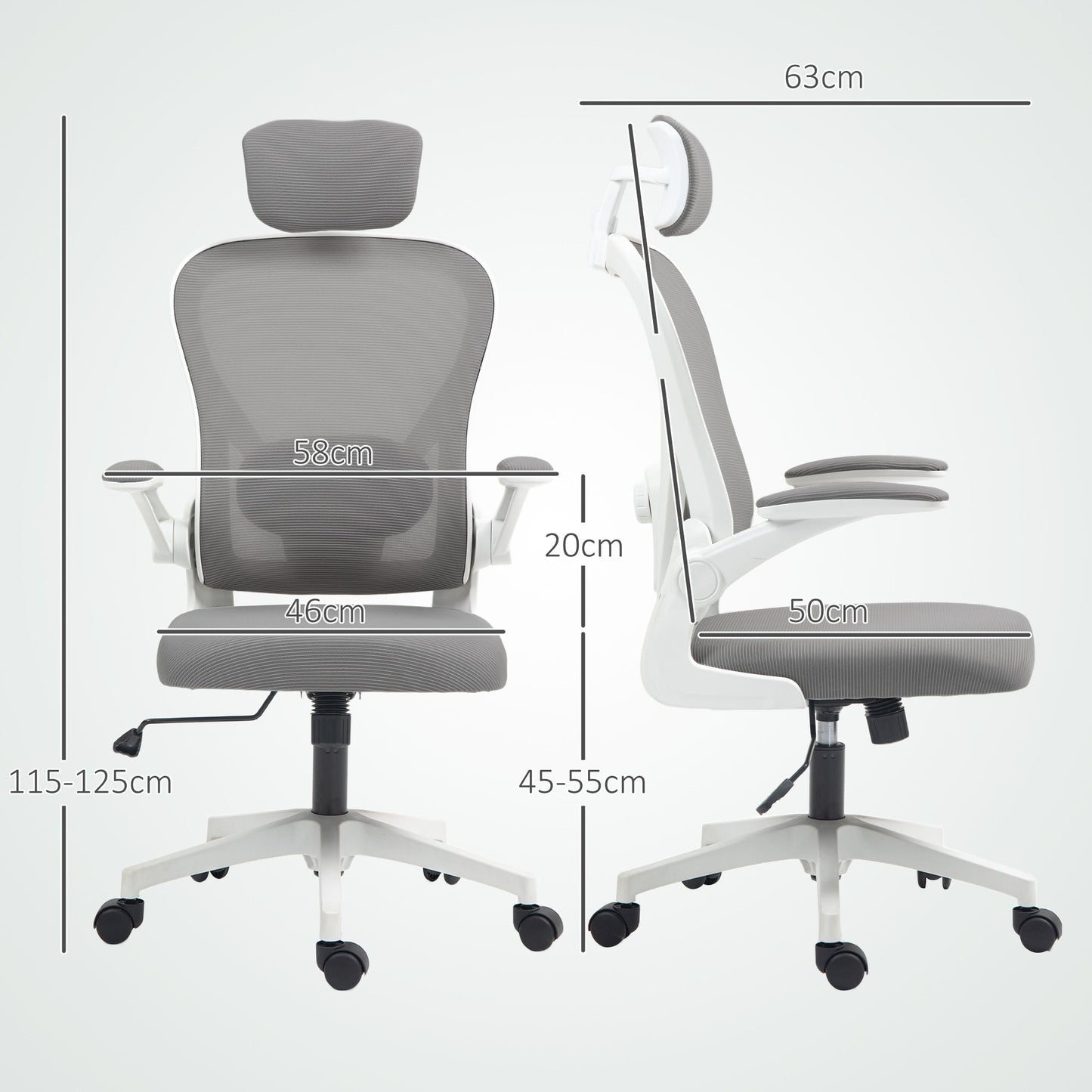 HOMCOM Executive Office Chair, Ergonomic Mesh High Back Desk Chair with Flip-up Armrest, Rotatable Headrest, Adjustable Lumbar Support for Home Study, Grey