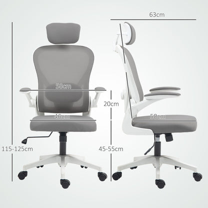 HOMCOM Executive Office Chair, Ergonomic Mesh High Back Desk Chair with Flip-up Armrest, Rotatable Headrest, Adjustable Lumbar Support for Home Study, Grey