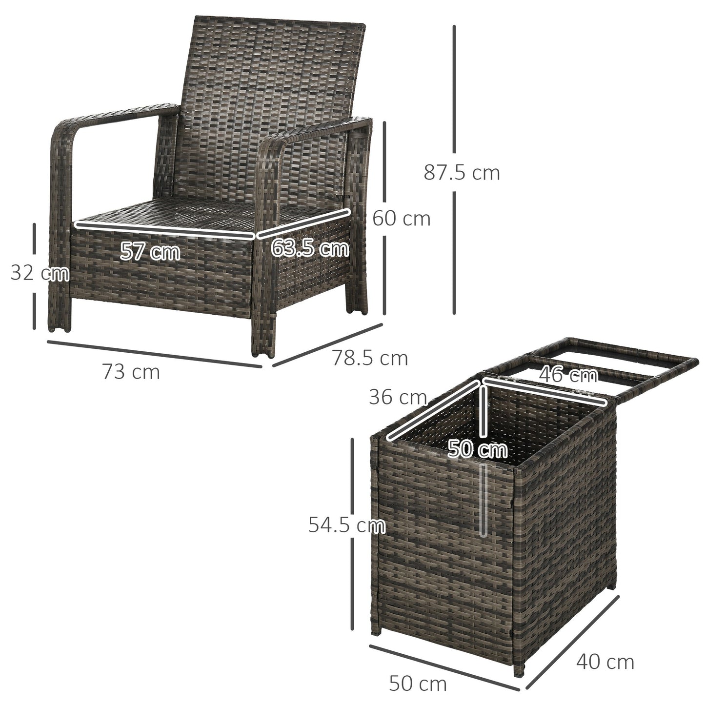 Outsunny 3 Pieces Rattan Bistro Set, Wicker Garden Furniture Set with Storage Coffee Table and Chairs, Thickened Cushions for Outdoor, Patio, Balcony, Grey