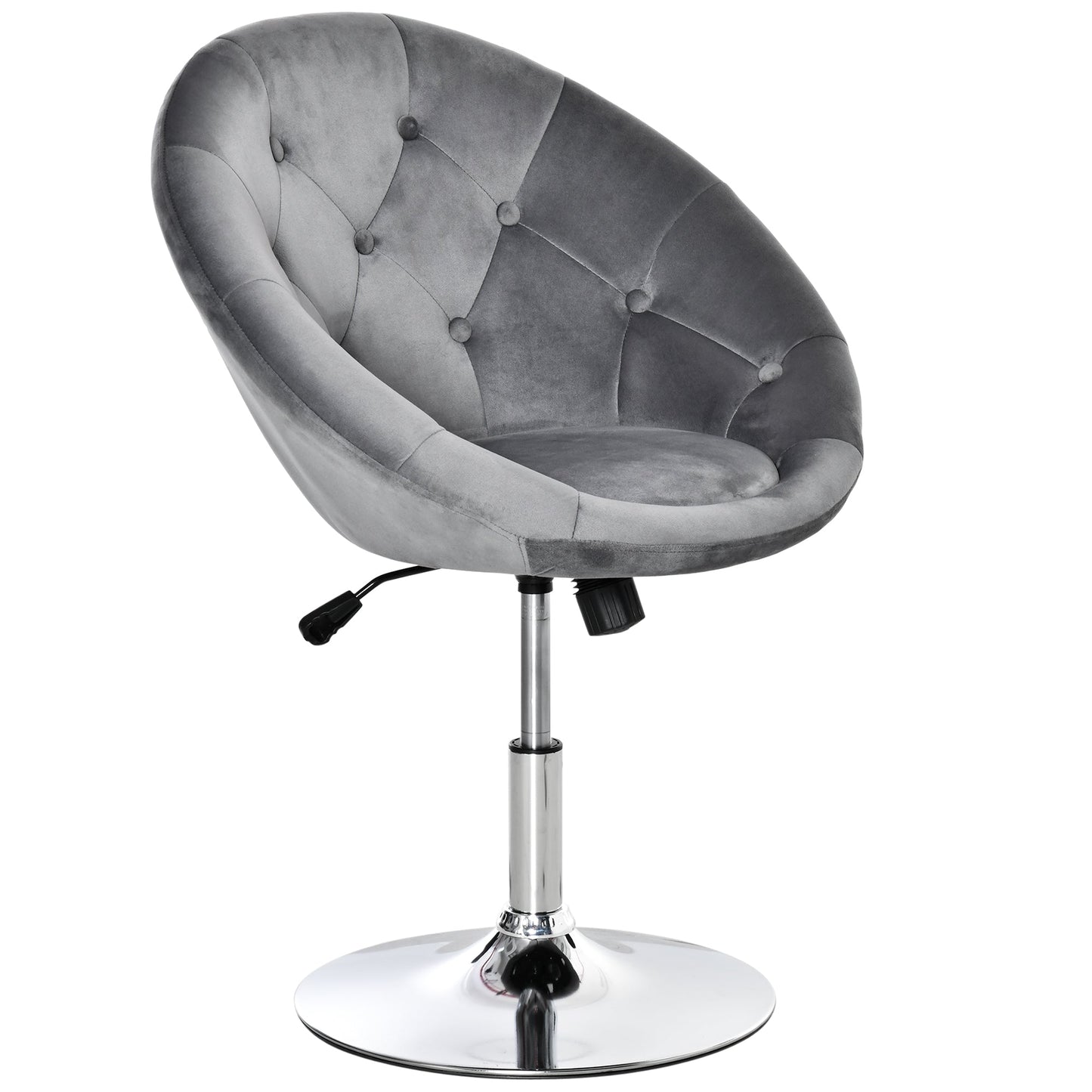 HOMCOM Swivel Dressing Stool, Velvet-feel Upholstered Vanity Chair, Adjustable Height Tub Makeup Chair with Button Tufting and Thick Padding for Bedroom, Grey