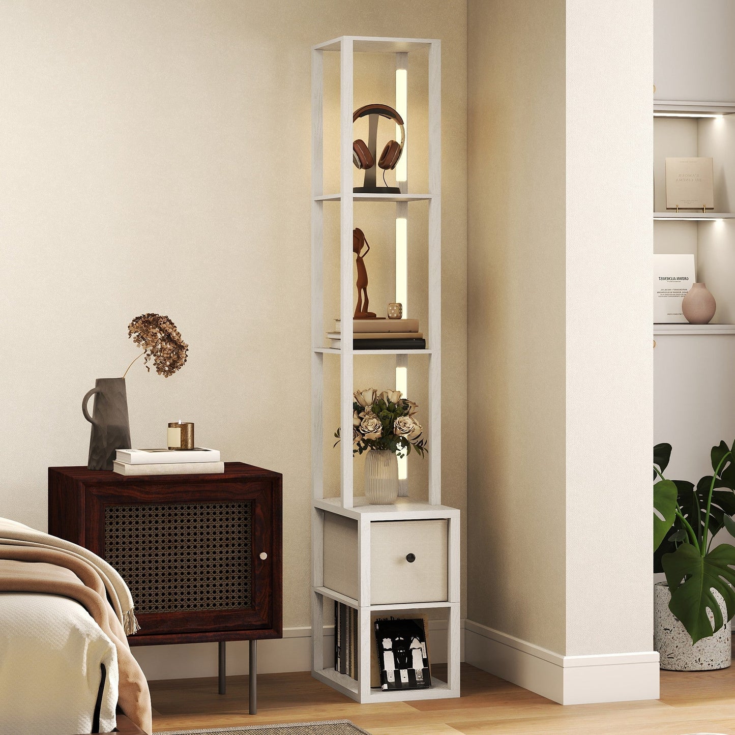 HOMCOM Floor Lamp with Shelves, LED Column Modern Standing Lamp with Fabric Drawer, Adjustable Brightness, Foot Switch for Living Room, Bedroom, Office, White