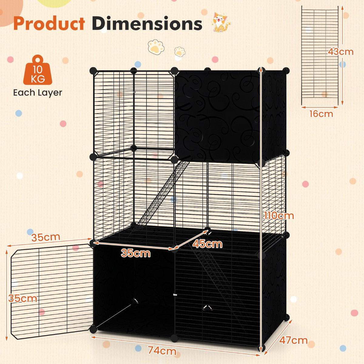 3-Tier Indoor Metal Wire Kitten Enclosure with 2 Ramps and Pet Pen-Black
