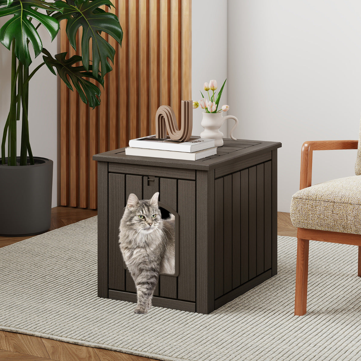 Indoor Outdoor Cat House with Flip Front Door and Raised Floor-Coffee