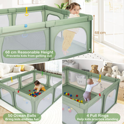 Indoor Safety Play Fence Infant Activity Center with 50 Ocean Balls-Green