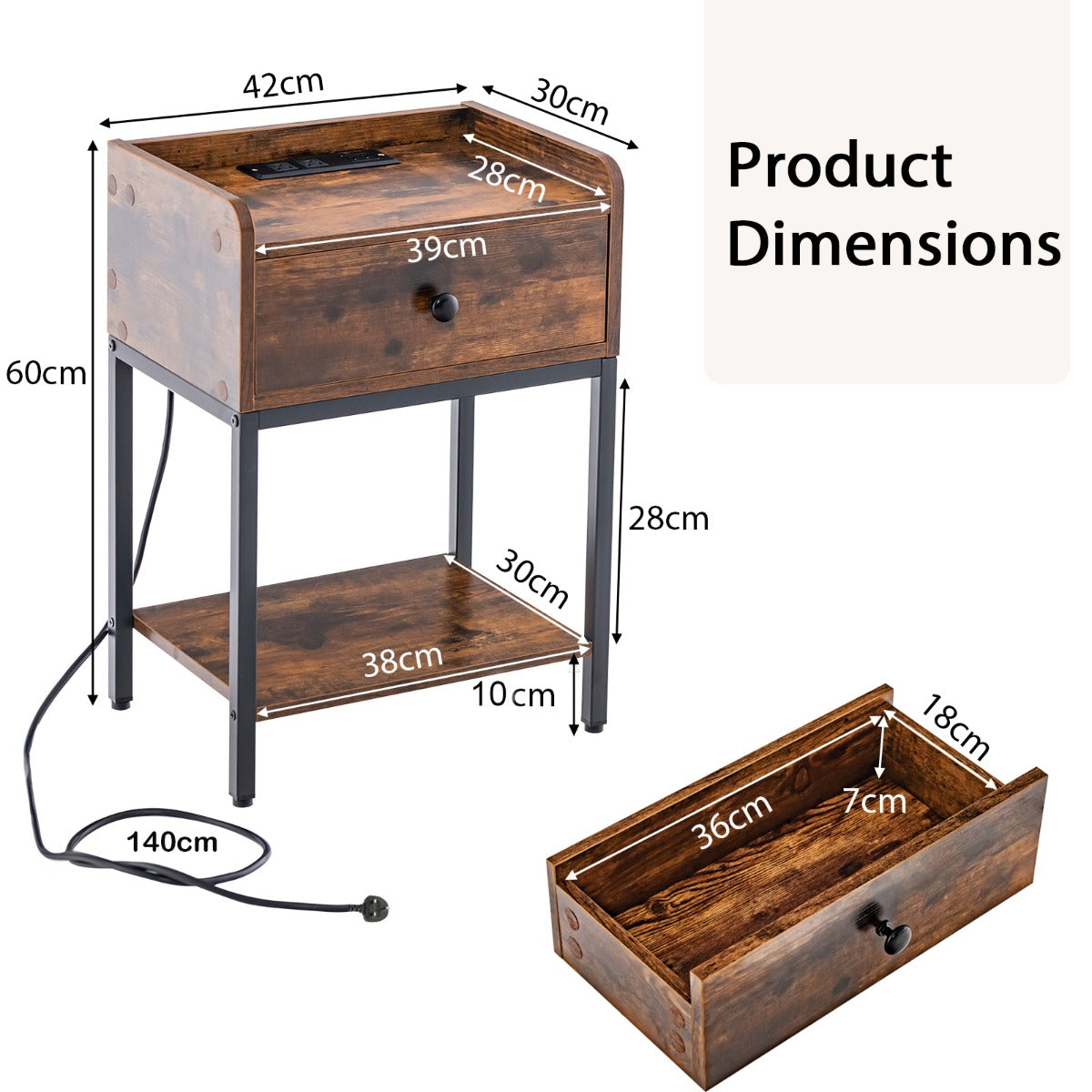 Nightstand with Charging Station Storage Drawer and Open Shelf-Rustic Brown