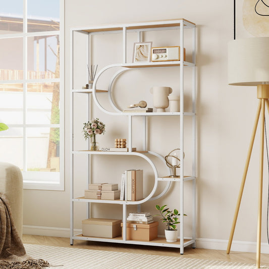 Industrial Etagere Bookcase with Open Storage Shelves and Metal Frame-Natural