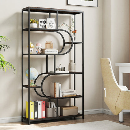 Industrial Etagere Bookcase with Open Storage Shelves and Metal Frame-Rustic Brown