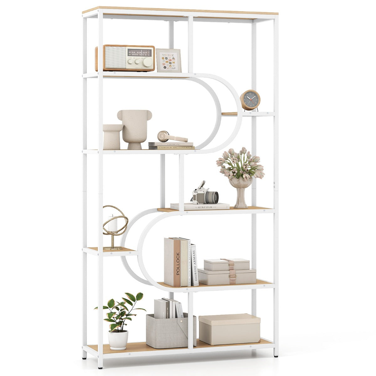 Industrial Etagere Bookcase with Open Storage Shelves and Metal Frame-Natural