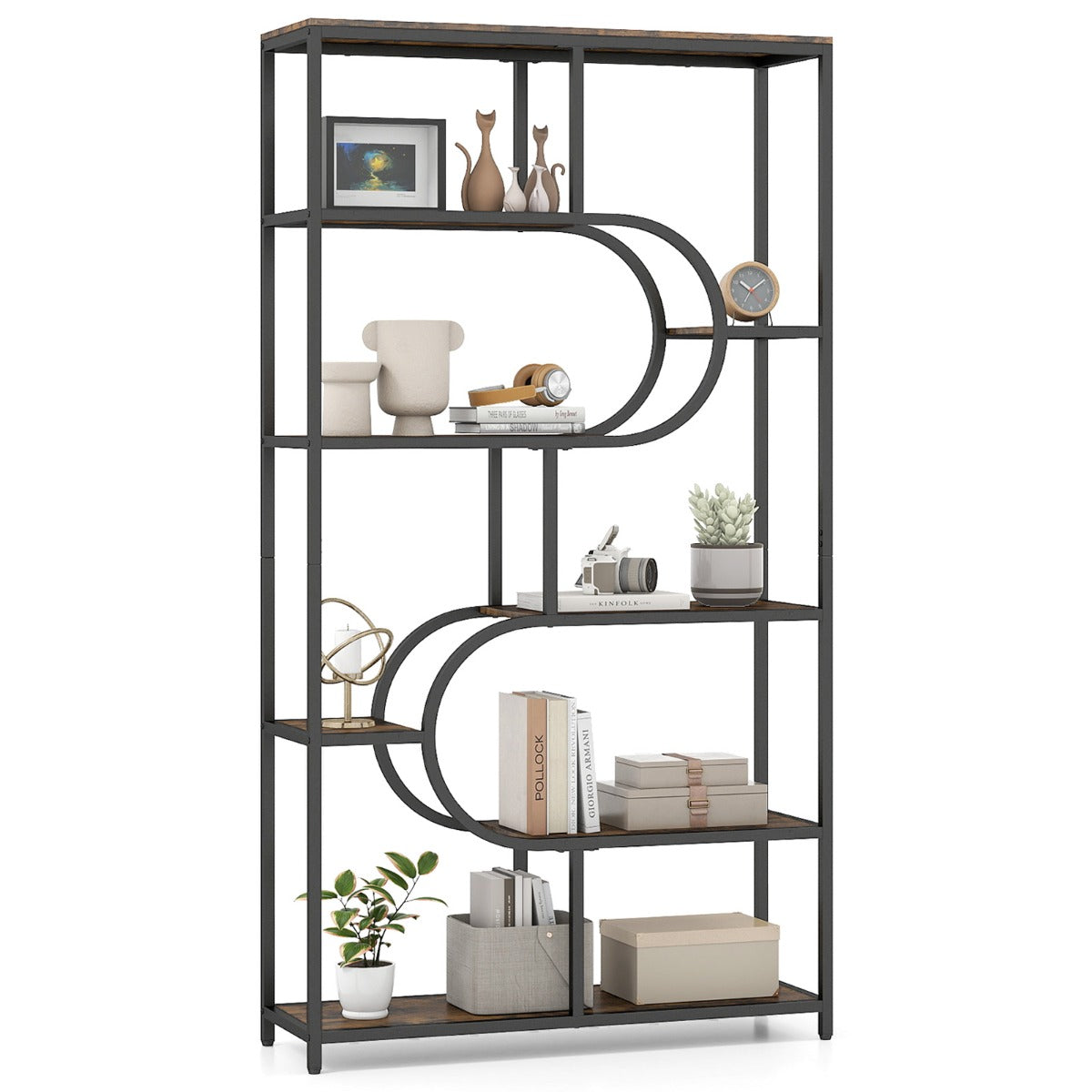 Industrial Etagere Bookcase with Open Storage Shelves and Metal Frame-Rustic Brown