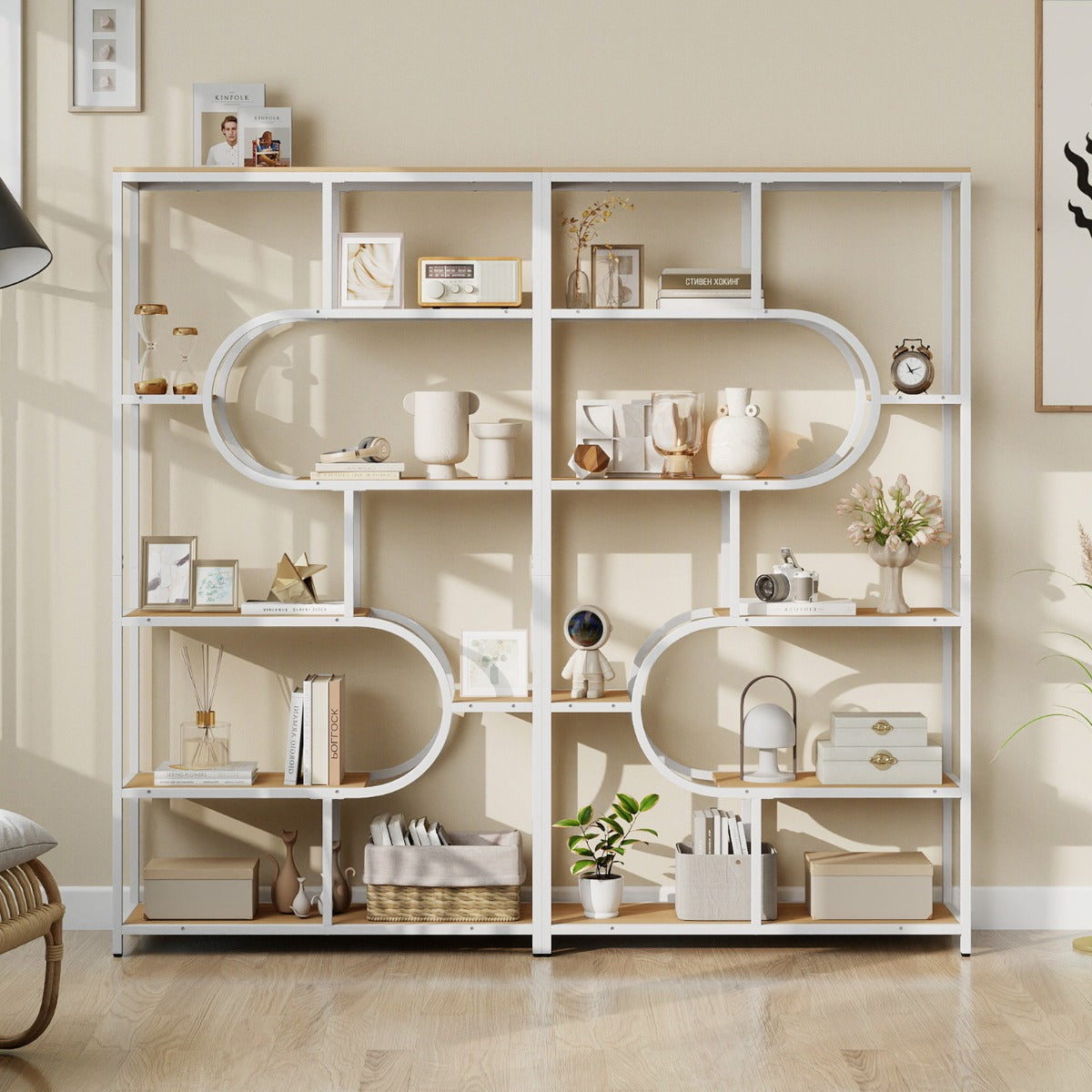 Industrial Etagere Bookcase with Open Storage Shelves and Metal Frame-Natural