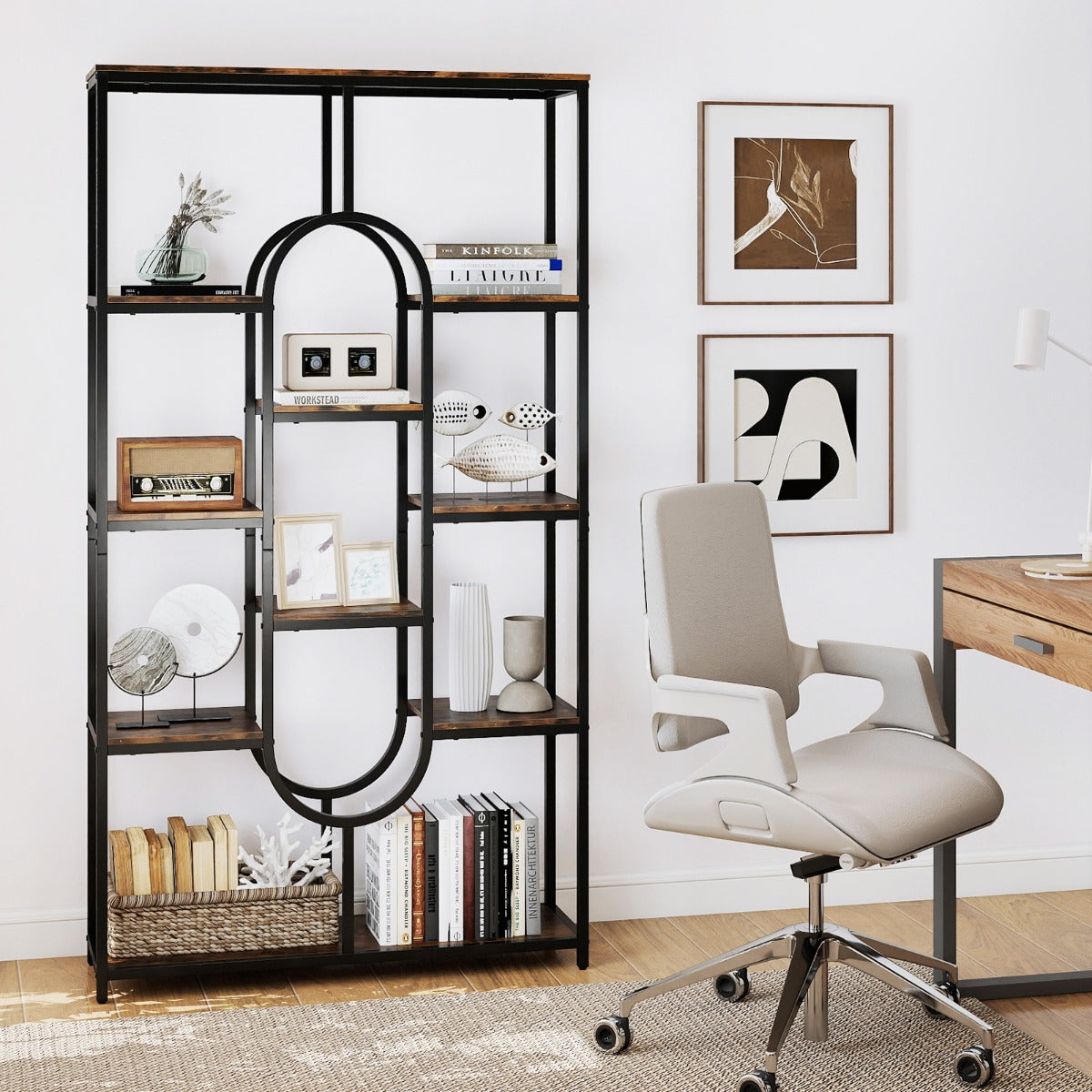 Industrial Etagere Bookcase with Open Storage Shelves and Oval Shape-Rustic Brown