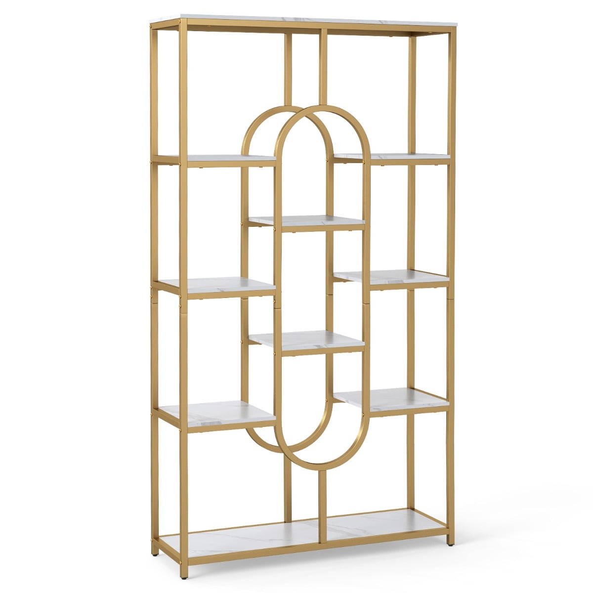 Industrial Etagere Bookcase with Open Storage Shelves and Oval Shape-White