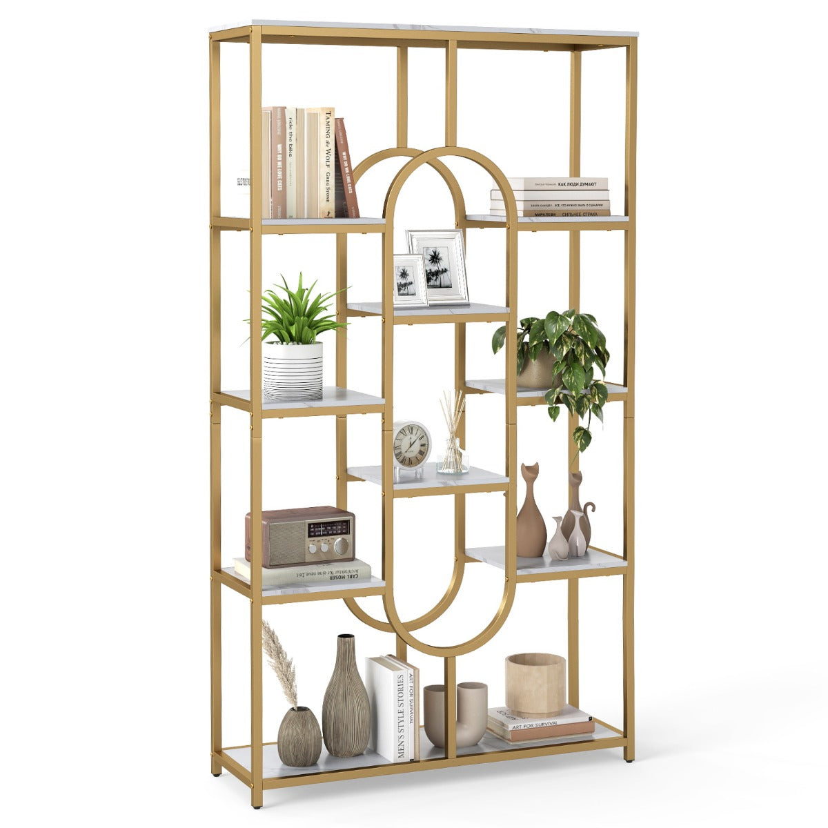 Industrial Etagere Bookcase with Open Storage Shelves and Oval Shape-White