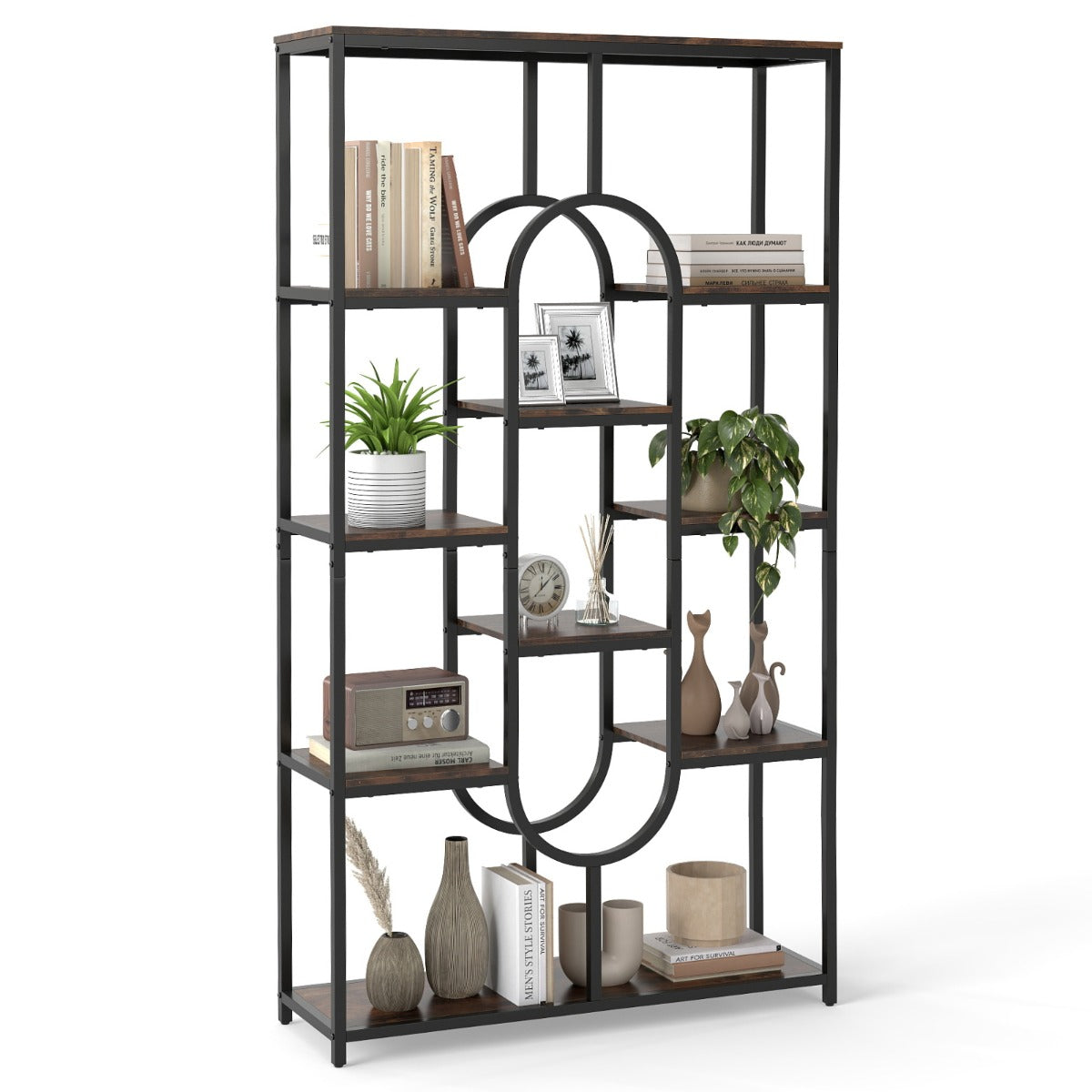 Industrial Etagere Bookcase with Open Storage Shelves and Oval Shape-Rustic Brown