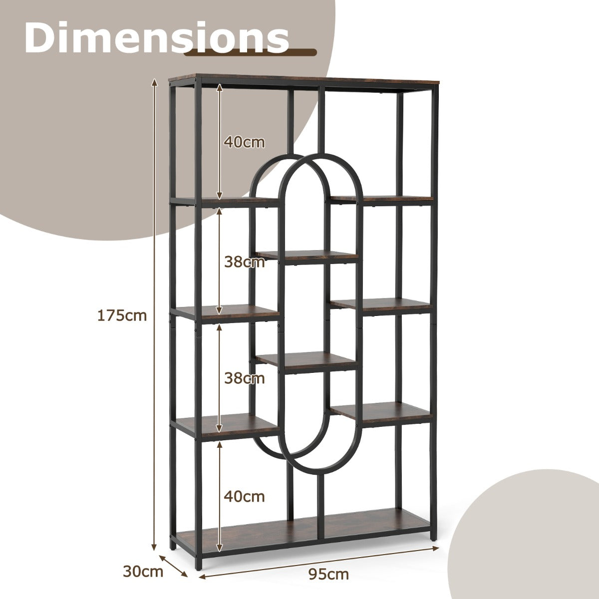 Industrial Etagere Bookcase with Open Storage Shelves and Oval Shape-Rustic Brown