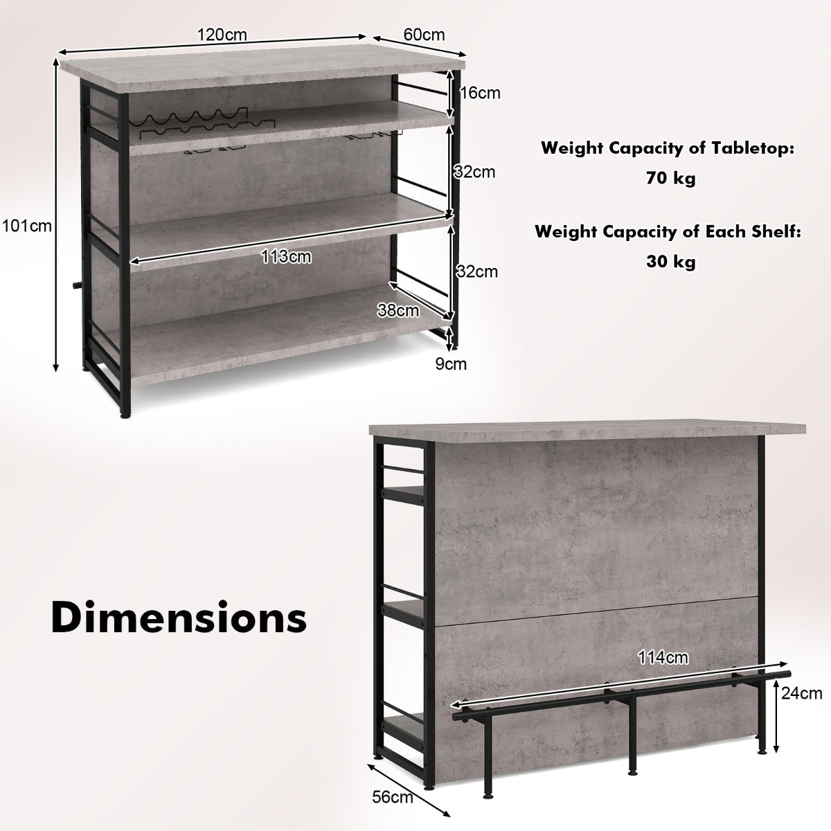 Industrial Home Bar Unit with 3 Open Shelves-Grey