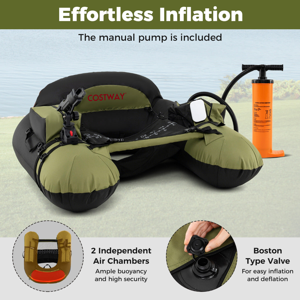 Inflatable Float Tube Fishing River Float with Adjustable Fishing Rod Holder-Green