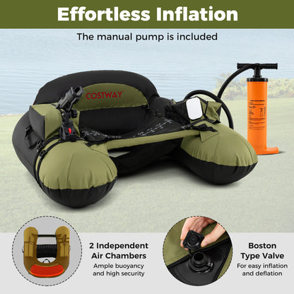 Inflatable Float Tube Fishing River Float with Adjustable Fishing Rod Holder-Green
