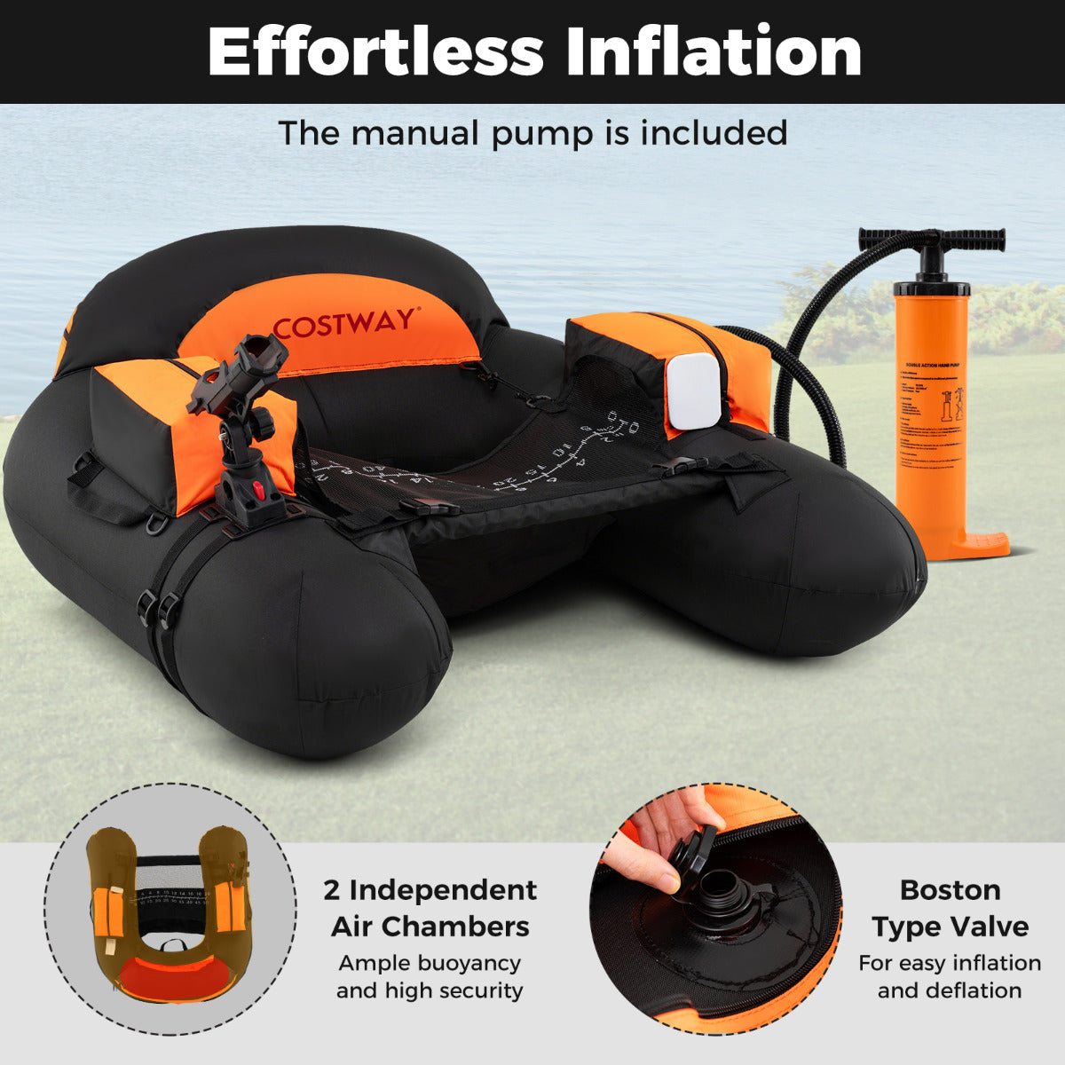 Inflatable Float Tube Fishing River Float with Adjustable Fishing Rod Holder-Orange