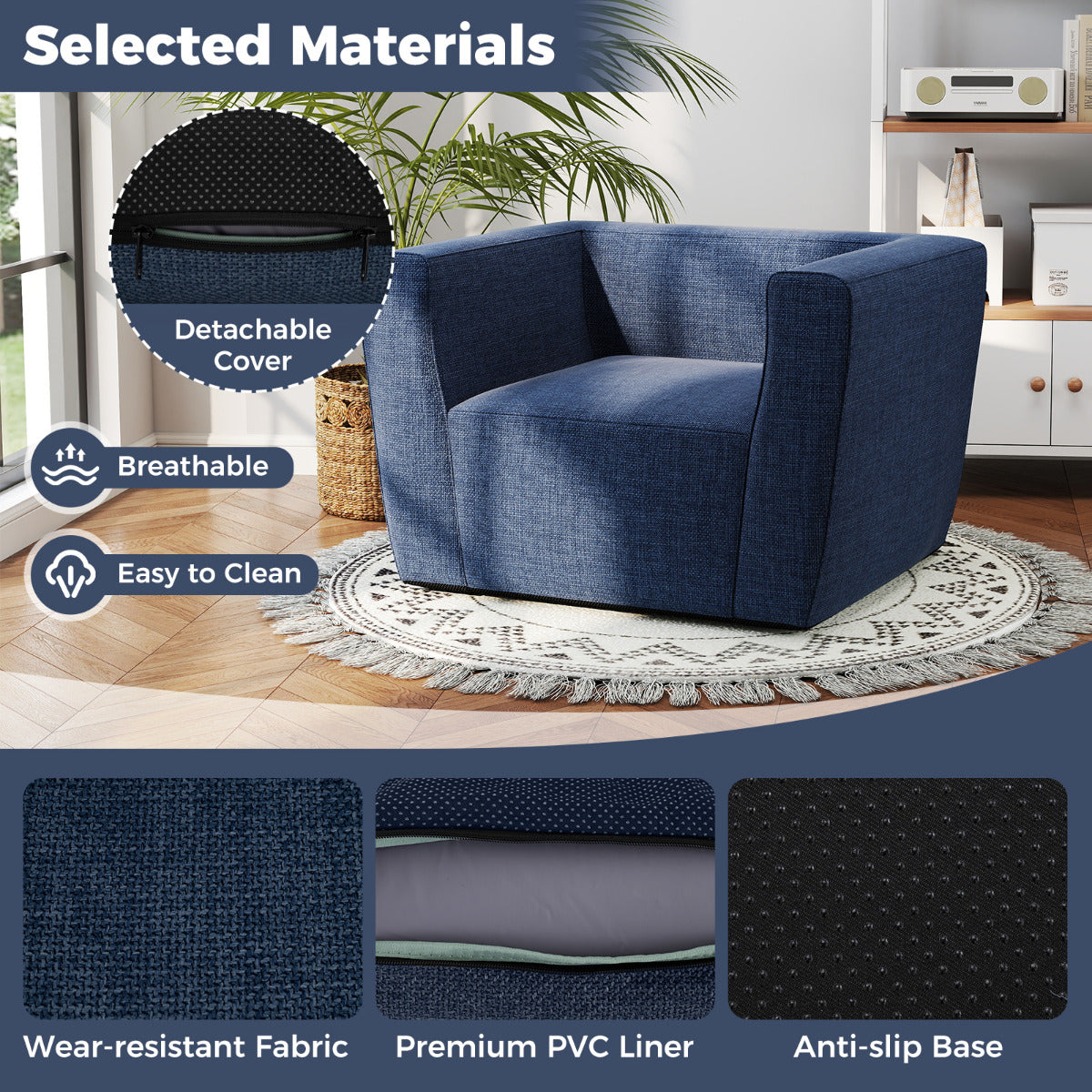 Inflatable Sofa Portable Blow Up Couch with Detachable Cover Single Lounger Air Sofa Chair-Blue