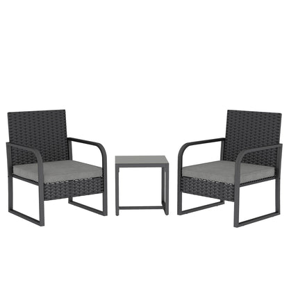 Outsunny Rattan Bistro Set, 3 Piece Garden Furniture Set with Cushions and Glass Top Table, Black