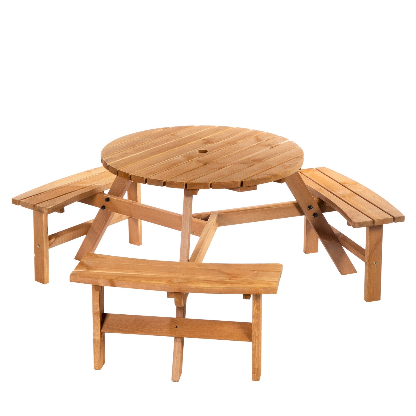 Outsunny 6 Seater Wooden Picnic Table and Garden Benches Set, Round Garden Dining Set with 3 Benches and Umbrella Hole Outdoor Garden Park, Brownish Red