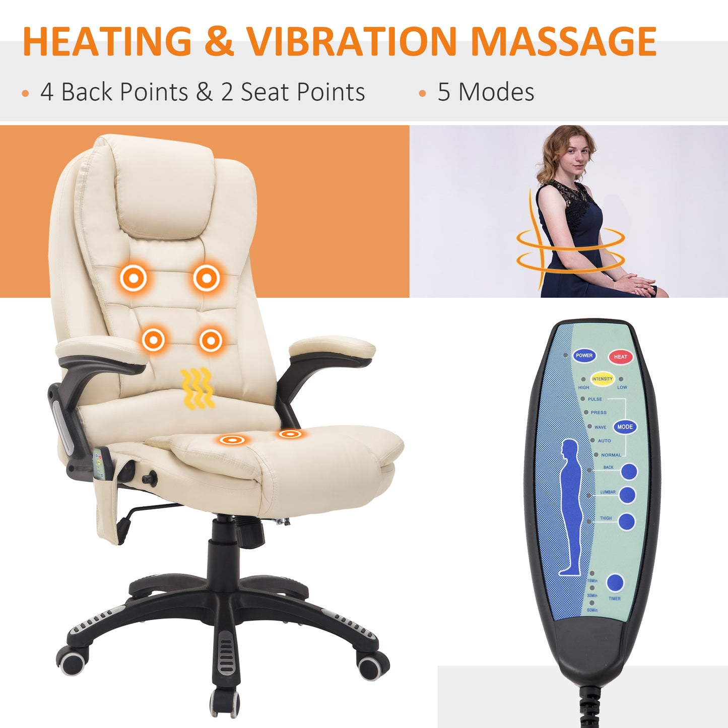 HOMCOM 6-Point Massage Office Chair with Seat Heated for Home Office, PU Leather High Back Executive Desk Chair with Adjustable Height and 360Â° Swivel for Work Study, Beige
