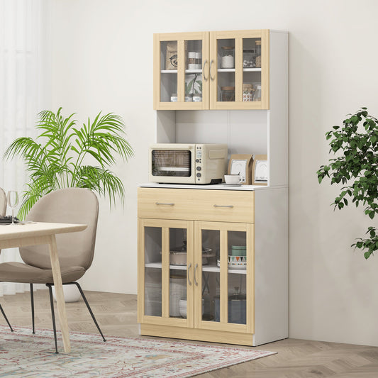HOMCOM Modern Kitchen Cupboard, Freestanding Storage Cabinet Hutch with Central Drawer, 2 Glass Door Cabinets, White