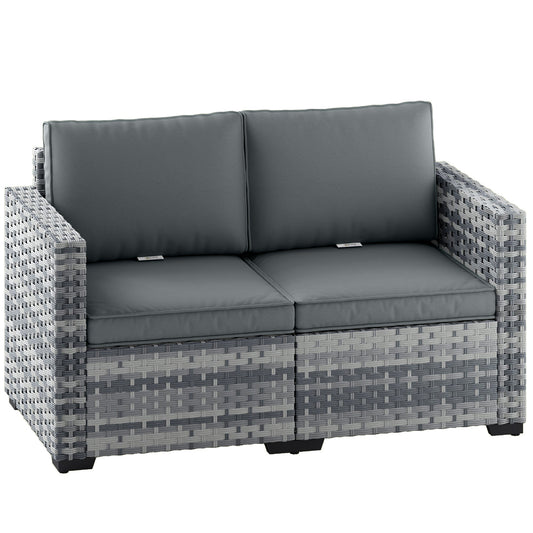 Outsunny 2 Seater Rattan Sofa, Outdoor Garden Sofa with Deep Seat, Cushions, Wide Armrests for Patio, Balcony, Porch, Mixed Grey